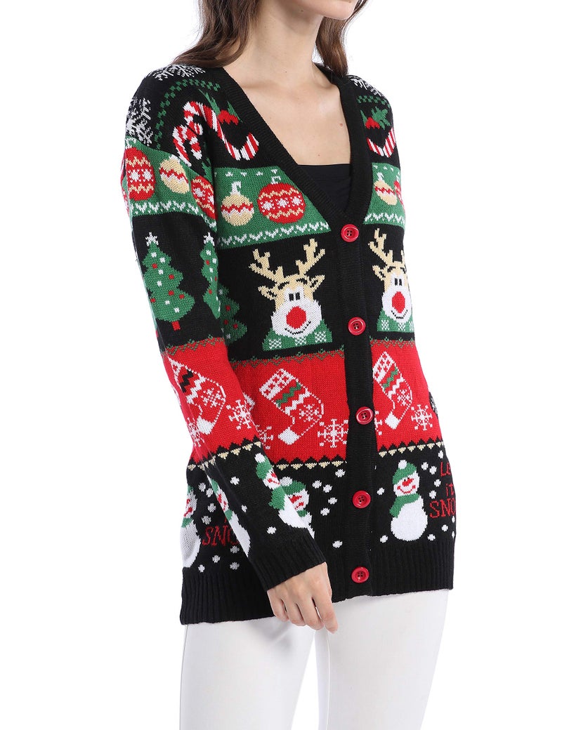v28 Ugly Christmas Sweater for Women V Neck Long Sleeve Reindeer Funny Merry Knit Sweaters Cardigan (S, Snowman Black) - Image 2